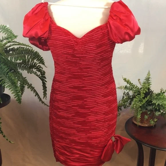 Vintage Lillie Rubin Couture Designer Red Pleated Satin Dress Women’s XS/S 2-4 - Picture 2 of 16